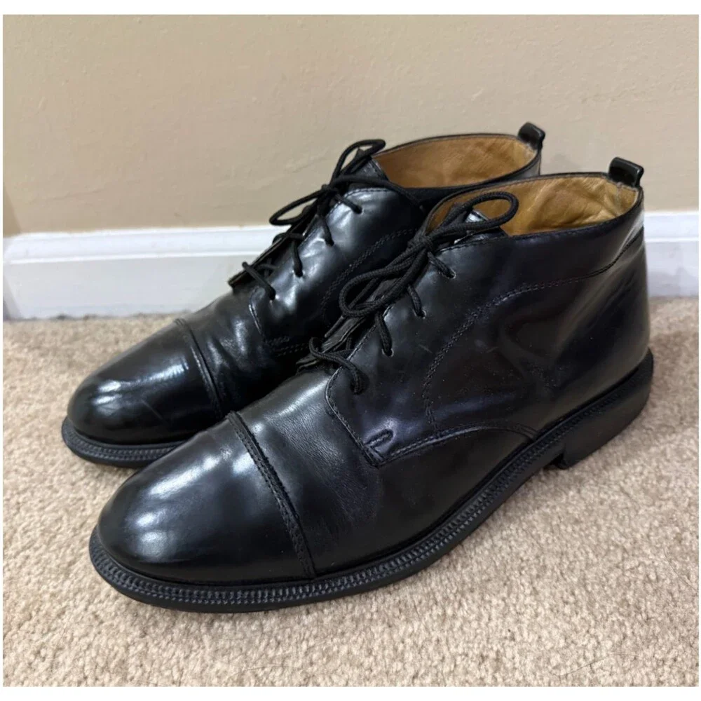 Kenneth Cole Mens 11.5 Black Leather Cap Toe Chukka Boots Lace Up Dress Shoes